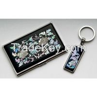 Business Card Holder And Key Ring Set With Mother Of Pearl Peony - Korean Traditional Lacquerware Handcraft Souvenir