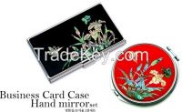 Business Card Case, Hand Mirror Set With Orchid Design - Korean Traditional Lacquerware Handmade Present