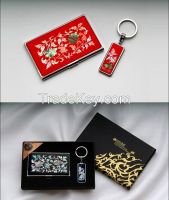 Business Card Holder And Key Ring Set With Mother Of Pearl Peony - Korean Traditional Lacquerware Handcraft Souvenir