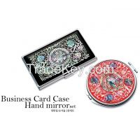 Business Card Case, Hand Mirror Set With Orchid Design - Korean Traditional Lacquerware Handmade Present