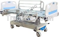 ICU bed for electronic adjustments with motors, protective bumpers and lockable castors