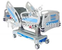 electrical ICU bed with motors, electronic adjustments, protective bumpers and lockable castors