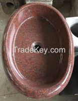 Round Stone Vessel,Red Granite, Rough Exterior