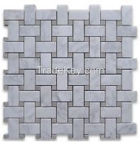 Carrara White Marble Basket-Weave Mosaic Tile With Gray Dots, Honed