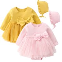 Newly thermal cotton fabric baby clothes beauty bow design long sleeve infant girl romper dress with hat