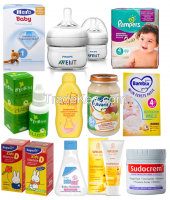 Baby foods, milk powder, bottles, diapers and skin care products