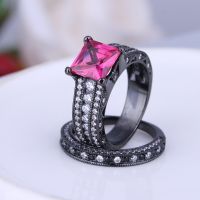 925 Silver Sterling Black Ring Set Red Ruby Gemstone And Cz Rings