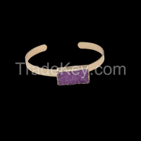 Fashion Charm Bracelet With Druzy Cuboid Purple Crystal Cluster Gold Copper