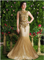 Beige and Gold Net Resham Work Designer Gown |R-22