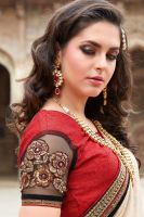 Awesome Red Beige Lycra Georgette Brasso Half And Half Partywear Saree