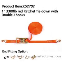 CS2702 1      3300lbs red Ratchet Tie down with Double J hooks