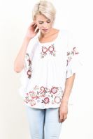 Off White Rayon Floral Embroidery Peasant Top w/ Pleats Details