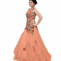 PEACH GOWN WITH MUTICOLOR FLORAL EMBROIDERY