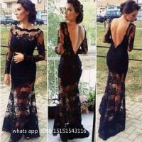 Mermaid Black Lace Backless Long Sleeves Evening Prom Dresses 2015