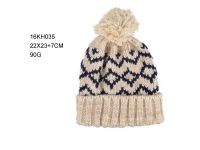 2016 New Fashion 100%Acrylic Jacquard Knitted Hat with Folded and Yarn POM POM