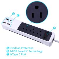 XStrip Type C 3 Gang Surge Protected US Power Strip with USB Charging