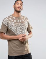 TUSK- Oversized Longline T-Shirt With Bandana Yoke Print In Brown