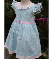 Cotton blue checked 4 year old girl dress lace neck baby dress cutting laciness sleeve baby dress new style kid clothing