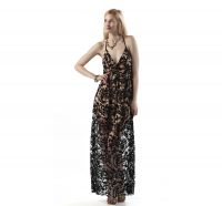 Black sexy women clothes leaf burnt out lace dress with nude linen