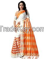 White Orange Checked Dupion Silk Saree