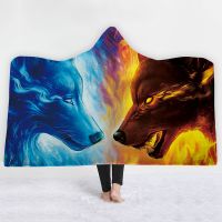 3d wolf printing fleece double throw hooded blanket