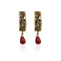 Crescent Shaped Earrings With Maroon Stones Studded On To Well-Crafted Golden Metal