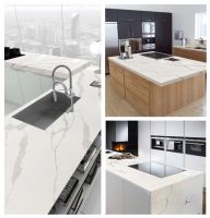 White faux quartz marble-textured modern kitchen countertop glass