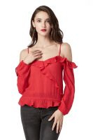 Off Shoulder Tops for Women Ruffle V Neck Long Sleeve Red Blouses for Women's Sexy Mini Tops