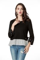 Black Long Sleeve Blouses for Women, Round Neck Cute Tops with Pearls on Cuff and Contrast Stripe on Hem 