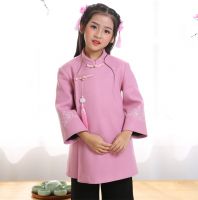 Cheap hot sale girl Tang suit children Hanfu Chinese traditional embroidered clothing tops and pants long sleeve cheongsam