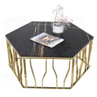 Hexagon golden frame black marble top coffee table