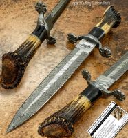 CUTLERY RARE CUSTOM ART DAMASCUS DAGGER KNIFE CROWN ANTLER HANDLE