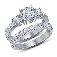 925 Silver Round Cut Diamond Three Stone Engagement Ring Wedding Bridal Set Womens 14k White Gold Finish