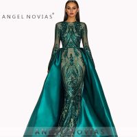 ANGEL NOVIAS Elegant Muslim Green Long Sleeve Evening Dresses 2019 With Detachable Train Sequin Bling Moroccan Kaftan Formal Prom Party Gown