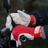 DDsafety 77+countries 15+years red Pig grain leather palm gloves Â Rubberized Safety Cuff Red elastic cotton back. Wrist with velcro fastener.