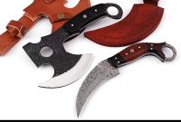 Damascus Steel Hunting Karambit Knife With Mini Carbon Steel Axe Wood Handle File Worked 