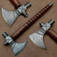 Pipe Viking Custom Hand Made Damascus Steel Axe Rose Wood Handle