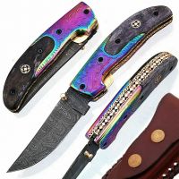 Custom Handmade Damascus Steel Folding Knife Bone And Rainbow Titanium Handle