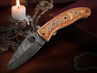 Custom Hand Made Damascus One of Kind full Engraved Copper Folding Knife