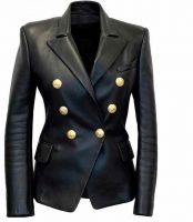 Women's Kim Kardashian Black Double Breasted Slim Fit Leather Blazer Jacket