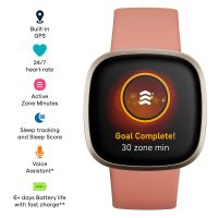 [ Fit B ] Versa 3 Health & Fitness Smartwatch Wristband with Heart Rate, GPS, Voice Assistant Tracker, 6+ Days Battery Life, Water & Stain Resistant - Pink Clay/Soft Gold Aluminum