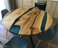 Tables made of wood and resin with forged underframes