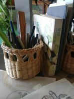 Round woven water hyacinth basket / desk organizer - cutlery/tissue/stationery holder 