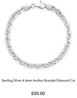 Sterling Silver 4.6mm Anchor Bracelet Diamond Cut