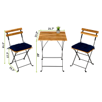 Solid Teak Wood Bistro Set Folding Table And Chair Set Power Coating Frame Patio Set With Waterproof Navy Cushion