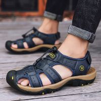 Large size summer men's top layer cowhide cap toe casual outdoor genuine leather beach sandals