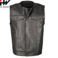 OEM Custom Men's Black Leather Collarless Club Style Vest with Quick Draw Pocket