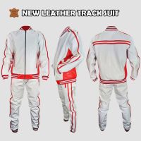 Men's Real Leather Fashion Style White With Red Strip Tracksuit Set
