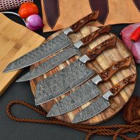 Damascus Steel Kitchen Chef Knife Set Chef's 5 Knives With Free Leather Roll Bag