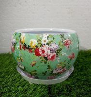 Floral Metal Planter with White Plate (Sea Green)